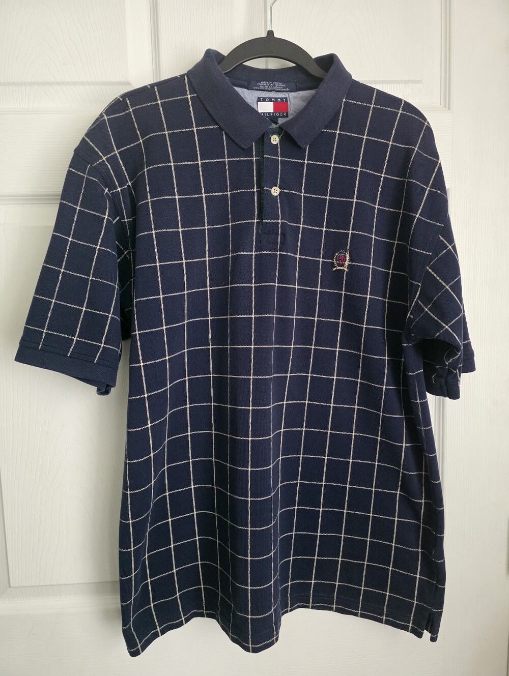 Vintage 90s Tommy Hilfiger Crest Logo Windowpane Grid Polo Shirt XL
